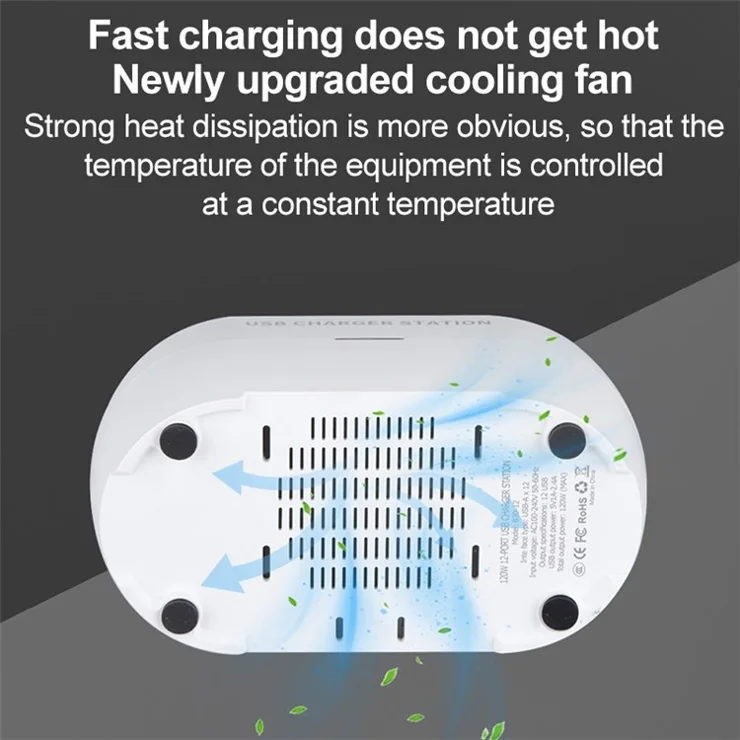 830-12 120W AC100-240V 12 Ports USB Smart Charger Phone Tablet Fan Lamp Charging Dock Splitter Station - US Plug