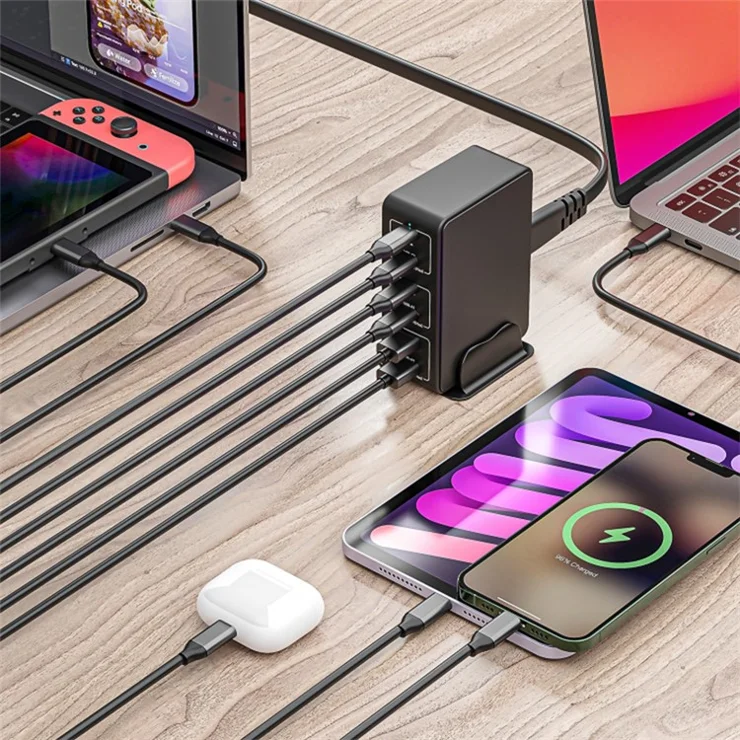 818H 120W PD Fast Charging 3 USB-C + 3 USB-A Desktop Charger for Mobile Phone / Tablet - Black / US Plug