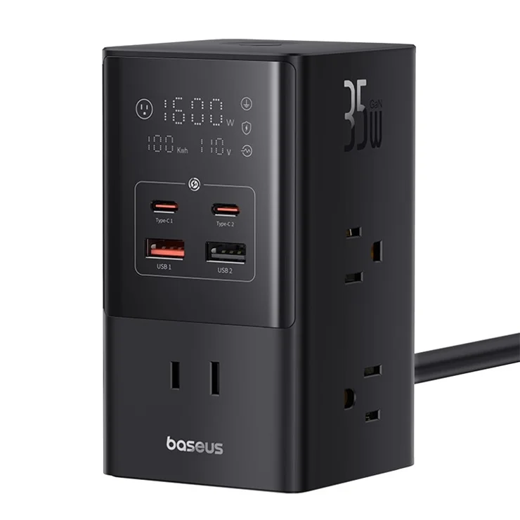 BASEUS PowerCombo Tower Digital Power Strip 6 AC+2 USB+2 Type-C 35W with 1.5m Power Cord, US Plug / Cluster Black