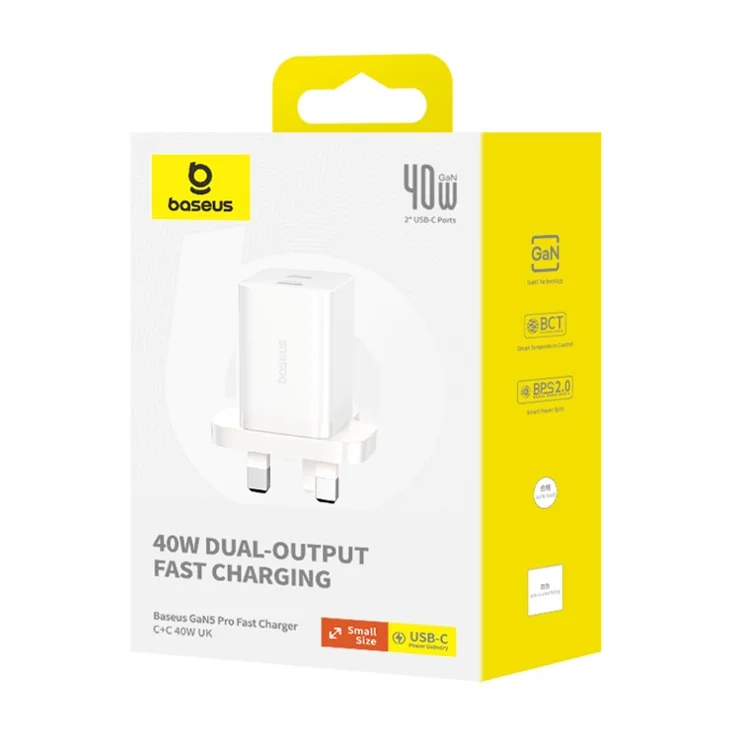 BASEUS GaN5 Pro Fast Charger Type-C + Type-C Dual Output 40W UK Plug Charging Adapter - White