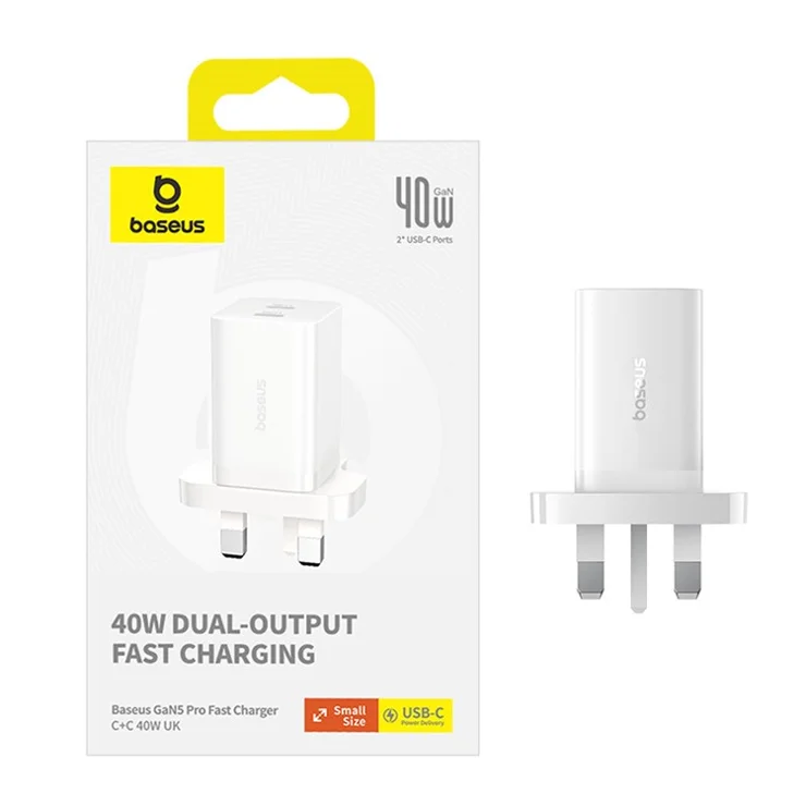 BASEUS GaN5 Pro Fast Charger Type-C + Type-C Dual Output 40W UK Plug Charging Adapter - White
