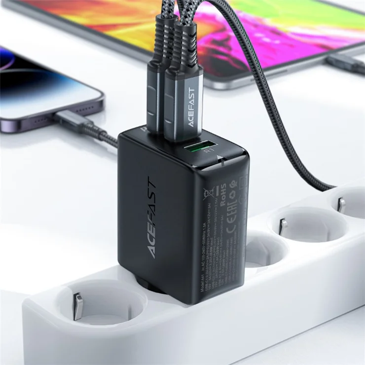 ACEFAST A41 PD 65W GaN Wall Charger 2 Type-C + 1 USB-A Phone Charging Adapter, EU Plug - Black