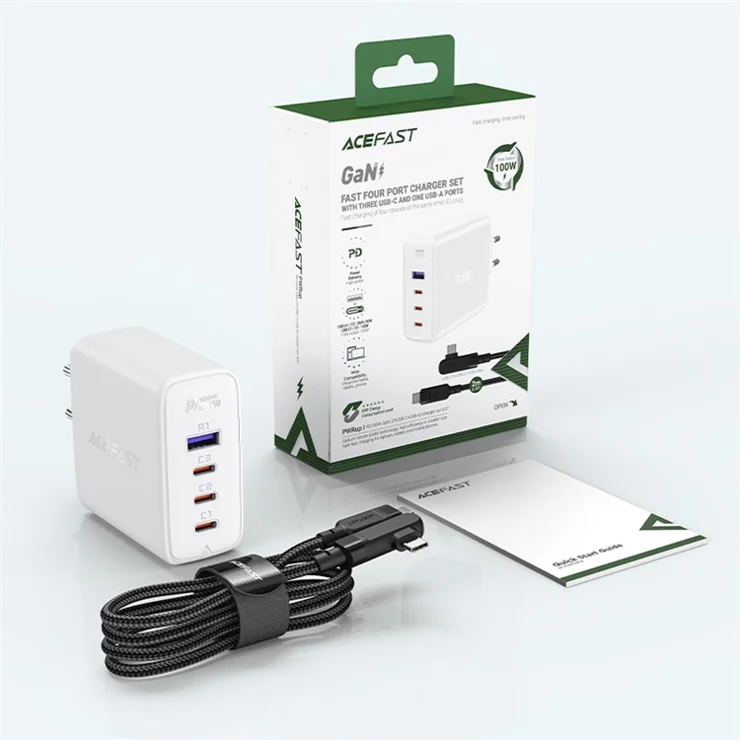 ACEFAST A37 PD 100W GaN Wall Charger 3 Type-C + 1 USB-A Charging Adapter with Type-C to Type-C Cable, EU Plug - White