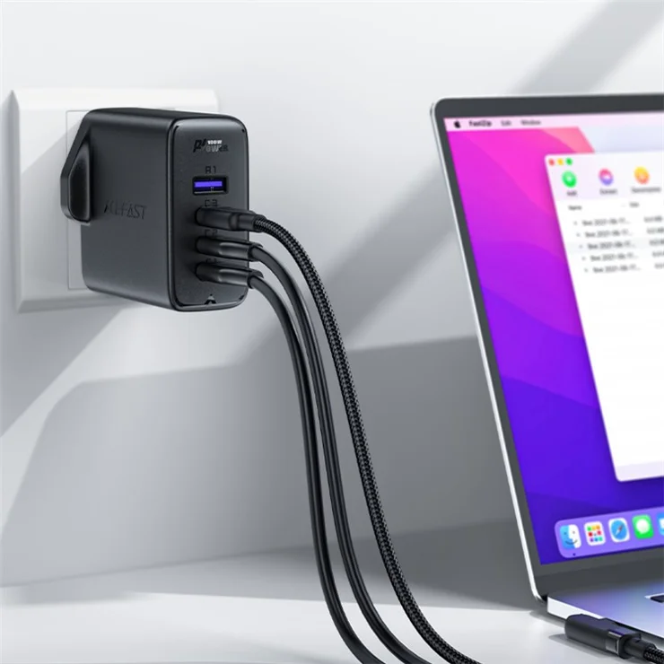 ACEFAST A40 PD 100W GaN Fast Charger 3 Type-C + 1 USB-A Charging Adapter with Charging Cable, UK Plug - Black