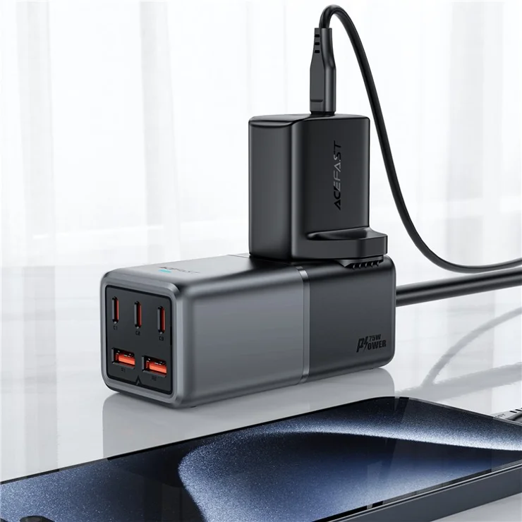 ACEFAST Z3 GaN Tech PD 75W 2 USB + 3 Type-C Ports Desktop Charger Power Socket Charging Dock Station (UK Plug)