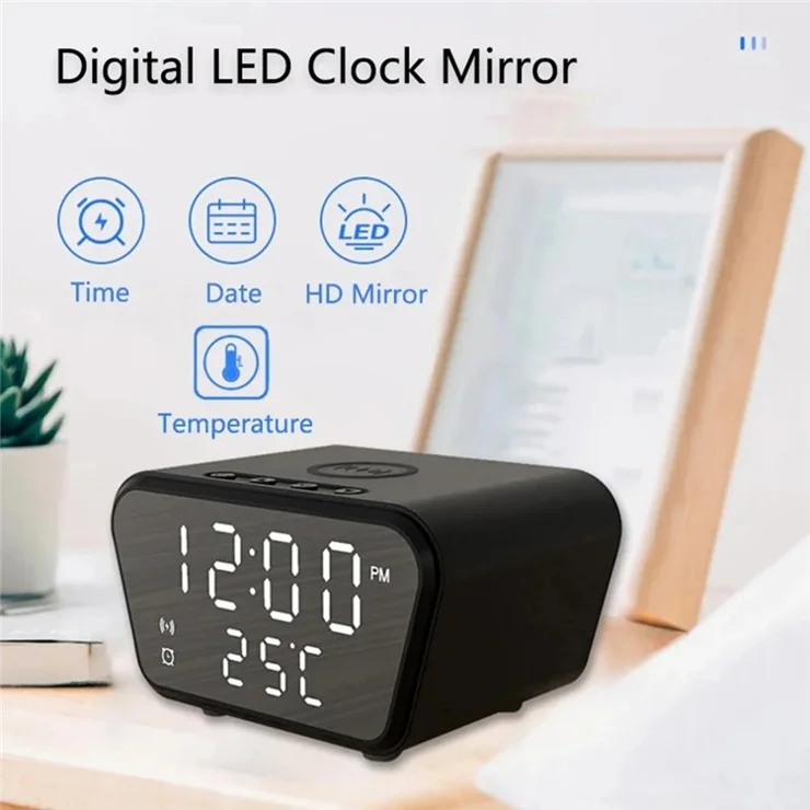 CPEF-127 Digital Alarm Clock Wireless Charger 15W Wireless Charging Temperature Display for Bedroom - Black