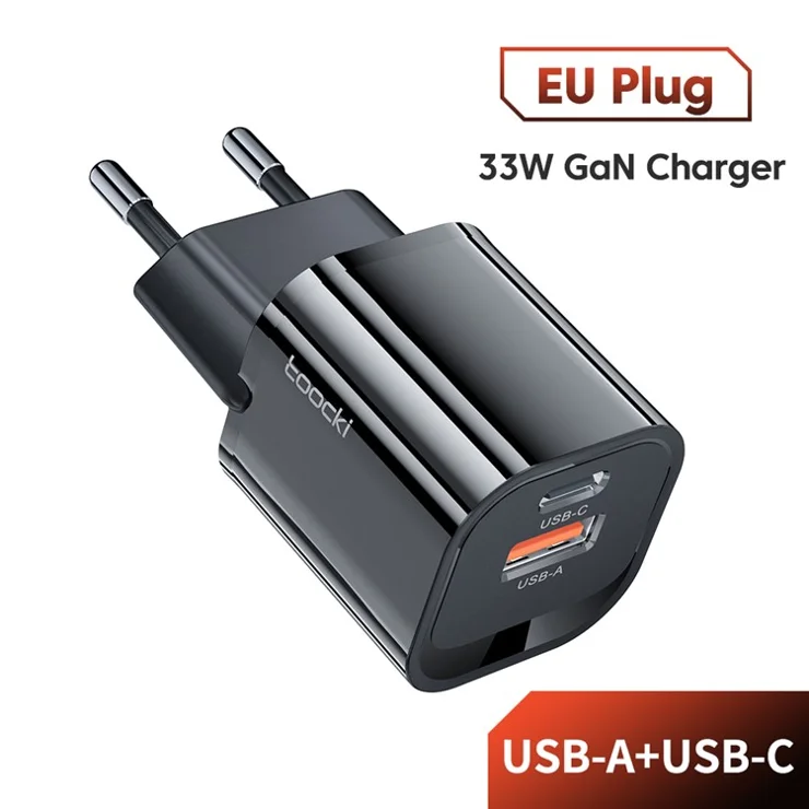 TOOCKI USB-A + Type-C Dual Ports PD 33W Fast Charger Portable GaN Power Adapter - Black / EU Plug