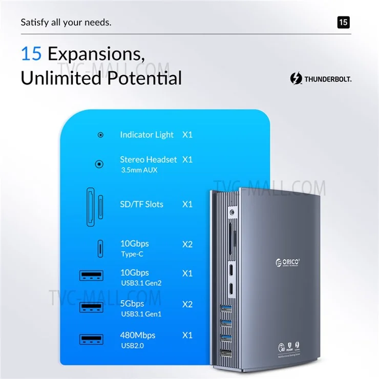 ORICO TB3-S3-GY-BP USB C Hub Adapter to 3.5mm AUX Port Memory Card Reader Slots 10Gbps Type C Port 15W 60W PD Port USB 3.1 USB 2.0 DC Charge RJ45 4K Video Output - EU Plug