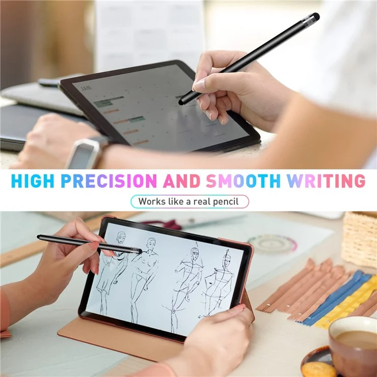 2Pcs Passive Stylus Pen Smooth Writing Drawing Touch Screen Pencil with Dual Silicone Tips - Black