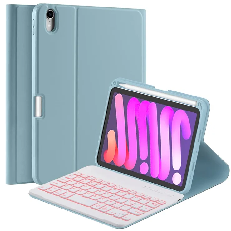 For iPad mini (2021) Detachable Magnetic Bluetooth-compatible Keyboard Tablet Stand Case with Pencil Holder and Backlit - Blue