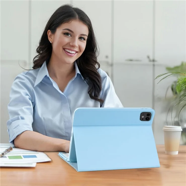 SK-1109A For iPad Pro 11 (2024) Tablet Case Leather Cover with BT Keyboard - Sky Blue