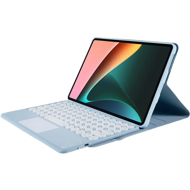 For Xiaomi Pad 5/5 Pro PU Leather Stand Case Tablet Cover + Round Cap Wireless Bluetooth-compatible Keyboard with Touchpad - Blue
