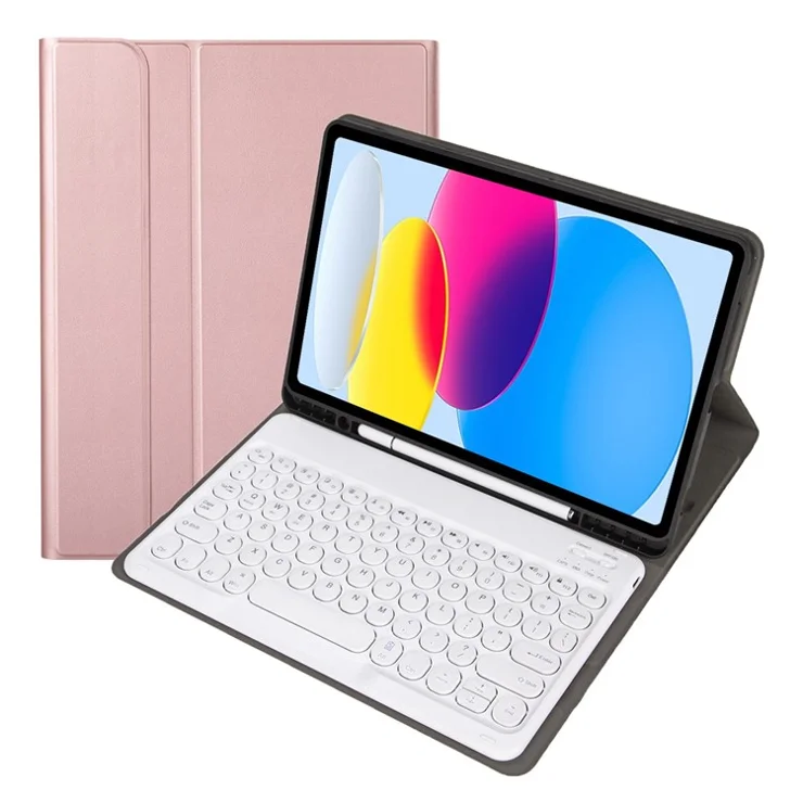 YA10B for iPad (2025) / 10.9 (2022) Leather + TPU Tablet Shockproof Stand Cover with Round Keys Bluetooth-Compatible Keyboard - Rose Gold