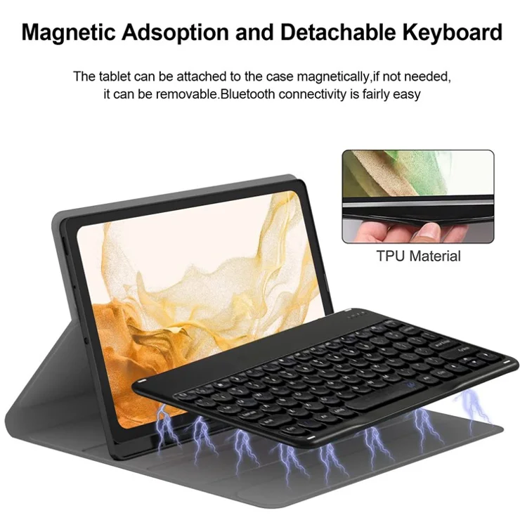 For Samsung Galaxy Tab S7 FE / S7+ / S8+ Wireless Bluetooth-compatible Keyboard + PU Leather Tablet Case with Pen Slot - Black