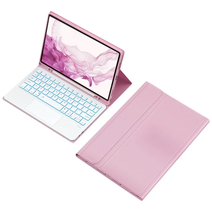 SK-X205D For Samsung Galaxy Tab A8 10.5 (2022) (SM-X200 / X205 / X207) Keyboard Case PU Leather Stand Cover with Backlit Detachable Touchpad Bluetooth-compatible Keyboard - Pink