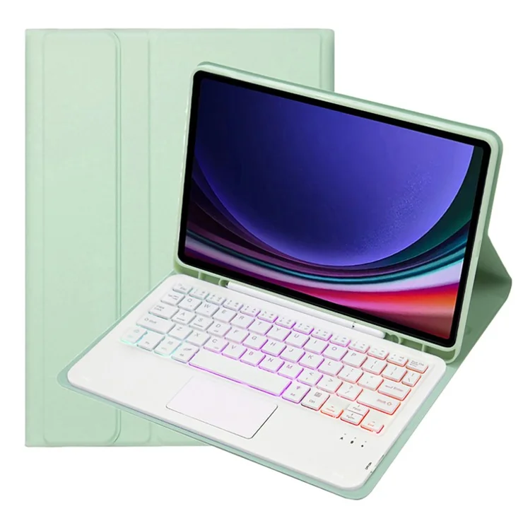 A09B-AS For Samsung Galaxy Tab A9+ X210 X215 X216 Leather Cover + Touchpad Bluetooth-compatible Keyboard with Backlight and Pen Slot - Light Green