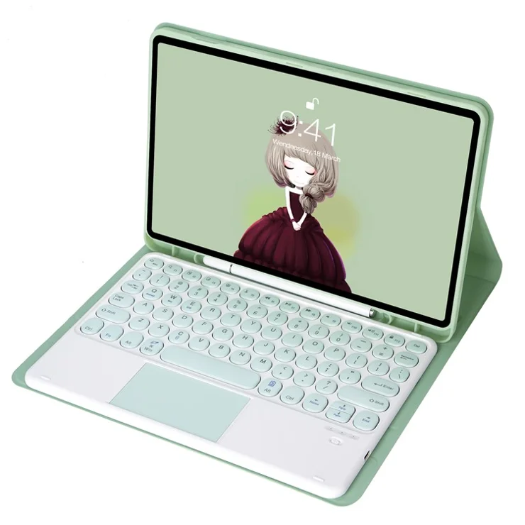 YA710B-A For Samsung Galaxy Tab S10 FE / S9 FE X510 X516 / S9 X710 X716B X718U Round Key Cap Touchpad Bluetooth-Compatible Keyboard Case - Light Green