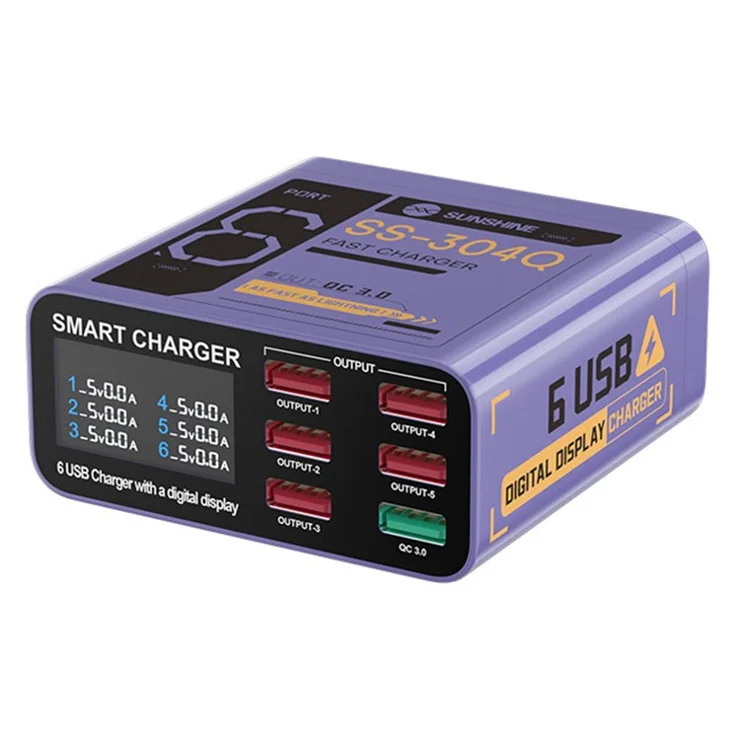 SUNSHINE SS-304Q 6-Port USB Charger Smart Digital Display Fast Charging Desktop Charging Station - Purple / UK Plug