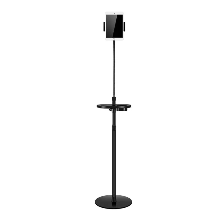 UP-9ST Phone Tablet Holder for iPhone 16 / 16 Plus / 16 Pro / 16 Pro Max Floor Stand Aluminum Alloy+ABS Angle Adjustable Lazy Phone Bracket - Black