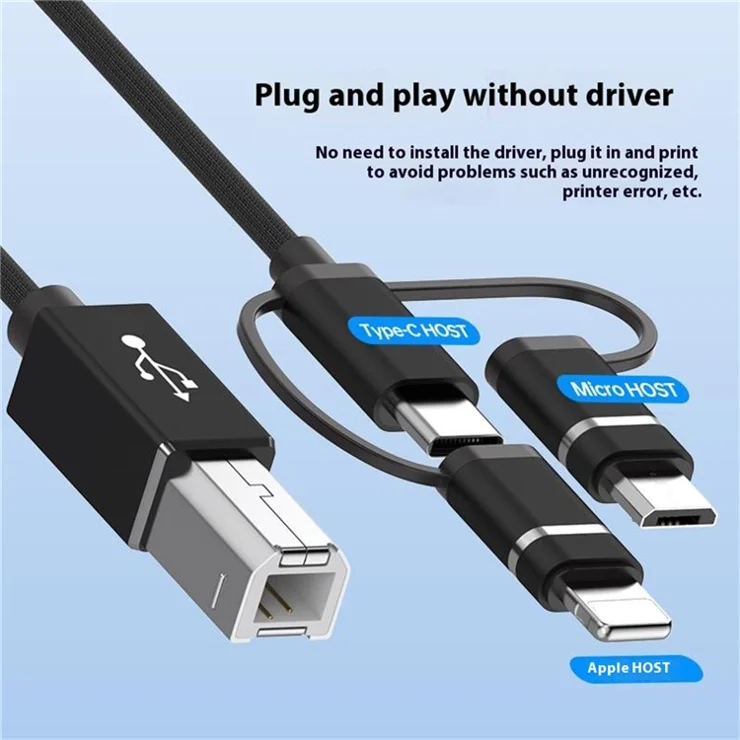 1m Plug and Play 3-in-1 iP + Type-C + Micro USB to MIDI Cable for Printer / Electric Piano / Keyboard / Mixer - Red