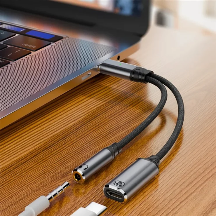 Type-C to 3.5mm Headphone + Type-C PD 100W Fast Charging Short Cable with Built-in DAC Chip Adapter Cable - Grey