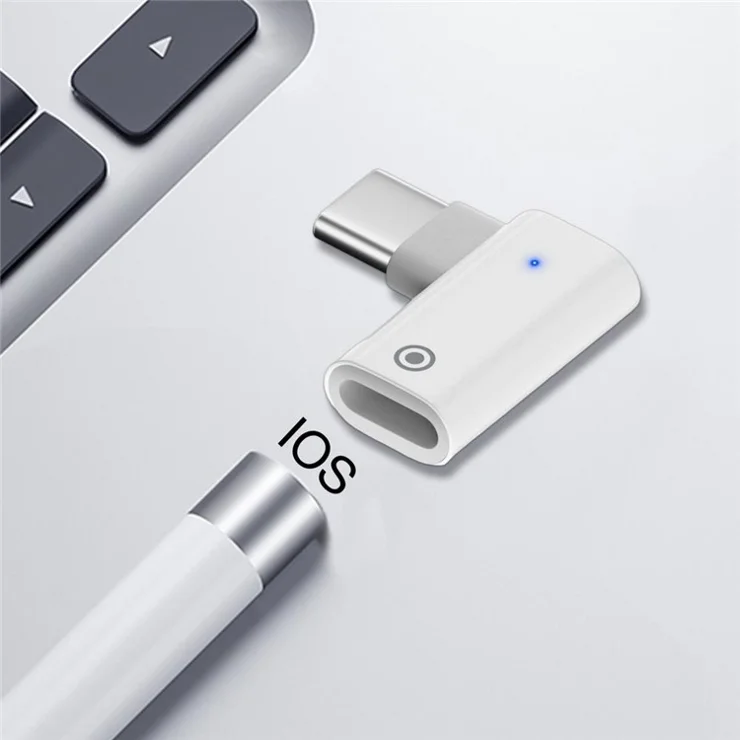 For Apple Pencil 1st Generation Portable Charging Adapter Mini Converter with Indicator - Type-C Male to 8 Pin Female / Elbow