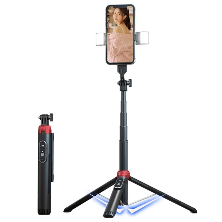 P160D-2 1.6m Extendable Selfie Stick Stable Tripod Stand with Dual Fill Lights and Wireless Bluetooth-compatible Remote Control - Black