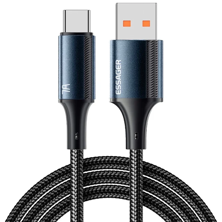 ESSAGER 1m USB-A to Type-C Braided Data Cable 100W 7A Phone Fast Charging Cord - Blue
