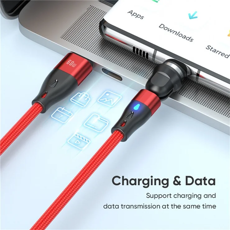 E7 2m Magnetic Charging Cable 540 Degree Rotation USB-C to USB-C / IP / Micro USB 60W / 27W / 12W Data Cord - Red