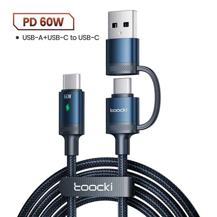 TOOCKI TQ-X73A1 1.8m USB-A + USB-C to USB-C Cable 60W Fast Charging Data Transfer Braid Cord - Blue