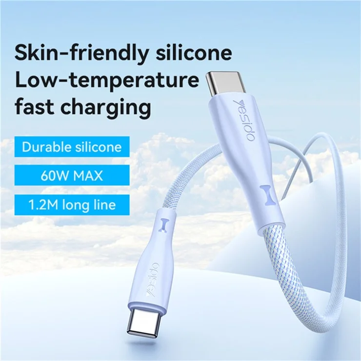 YESIDO CA168 1.2m Type C to Type C Braided Data Cable 60W Fast Charging USB C Wire - White