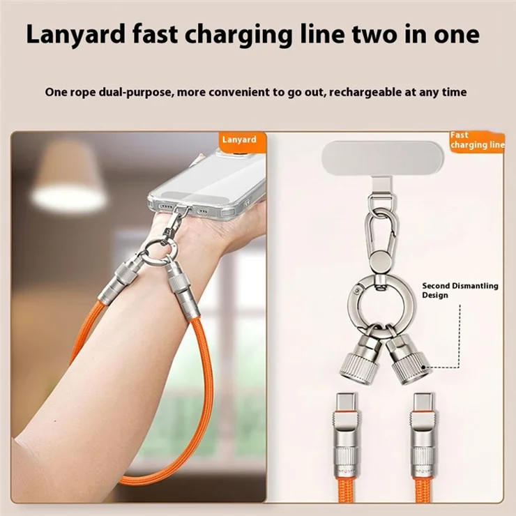 30cm 2 in 1 Wrist Strap Charging Cable Type-C to Type-C 66W Fast Charge Cable Cell Phone Lanyard - Purple