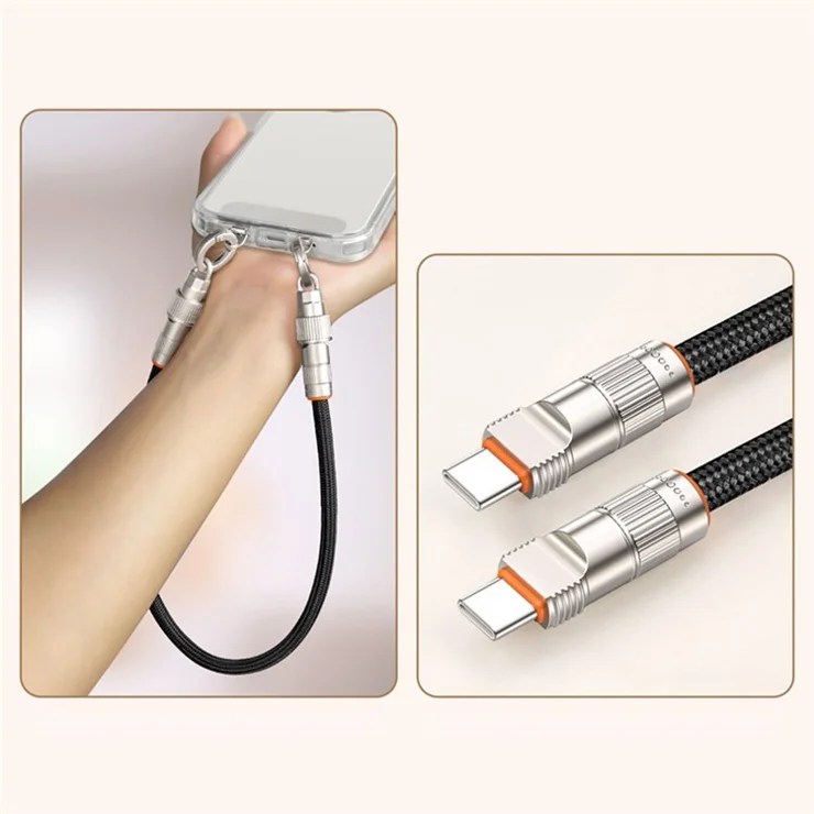 30cm Cell Phone Wrist Strap Charging Cable Type-C to Type-C 66W Fast Charge Data Cord Phone Lanyard - Black