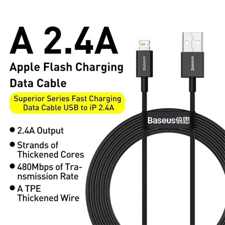 BASEUS Superior Series Fast Charging Data Cable USB to iP 2.4A 1m - Black