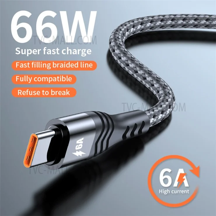ADC-005 3m 6A 66W Fast Charging Cable USB to Type-C Braided Data Cord for Huawei Samsung - Grey