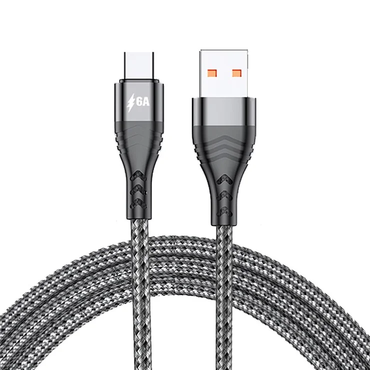 ADC-005 2m USB to Type-C 6A High Current 66W Fast Charging Cable Braided Data Cord for Huawei Samsung - Grey