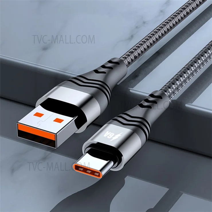 ADC-005 1m 6A 66W USB to Type-C Fast Charging + Data Sync Cable Braided Data Cord for Huawei Samsung - Grey