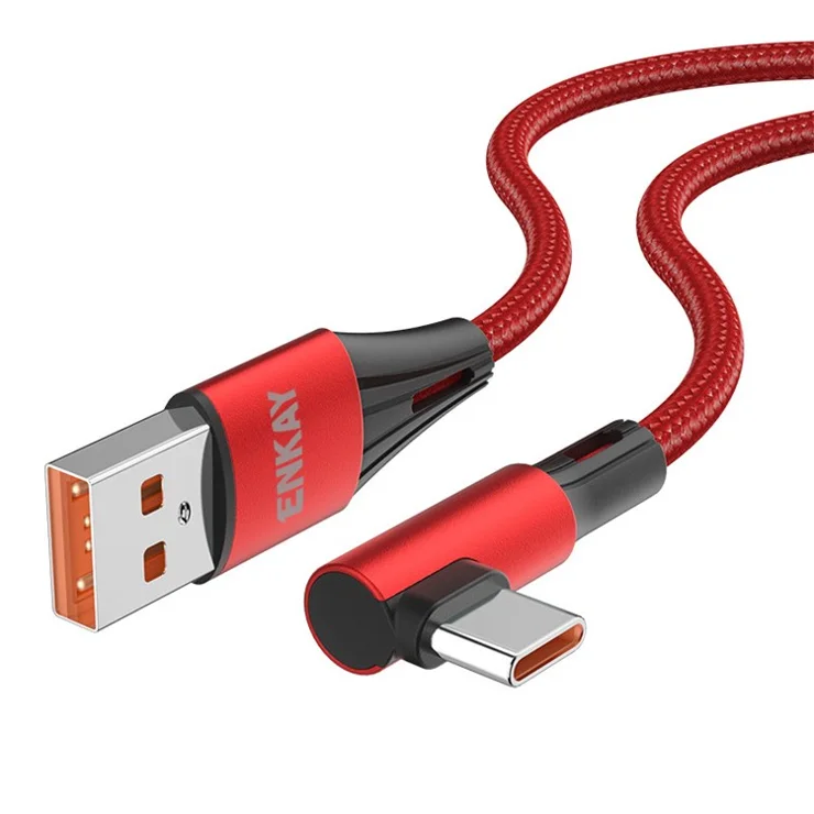 ENKAY HAT PRINCE 1m 66W 6A Super Fast Charge Data Cable USB to Elbow Type-C Braided Cord Support for Oppo/Vivo Fast Charging - Red
