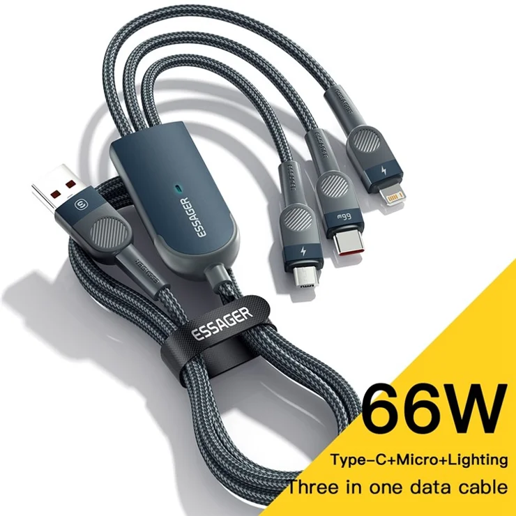 ESSAGER 1.2m 3 in 1 Micro / Type-C / Lightning Data Cable 66W Fast Charging Cord - Blue