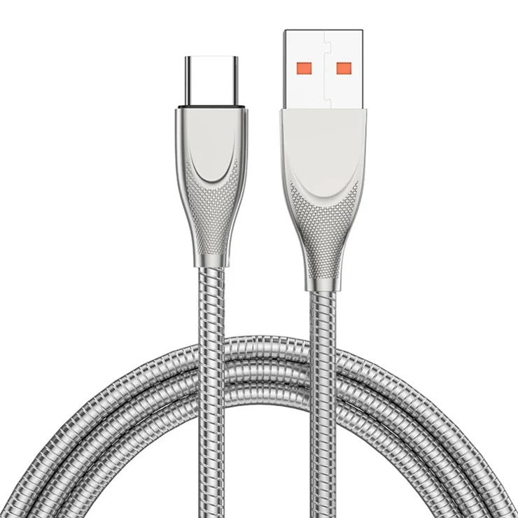 ENKAY HAT PRINCE 1m USB-A to Type-C 6A Fast Charging Data Cable Carbon Steel Hose Spring Cord - Silver