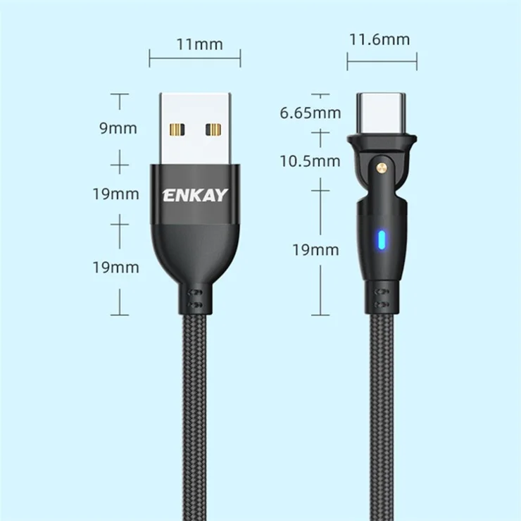 ENKAY 2m 3A Fast Charging USB to Type-C 180 Degree Rotate Nylon Braided Data Cable with LED Indicator - Red