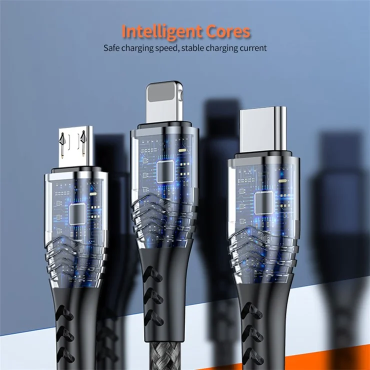 ENKAY 3 in 1 USB to iP / Type-C / Mcro USB Fast Charging Cord, Nylon Braided 1.2m 6A Cell Phone Cable - Grey