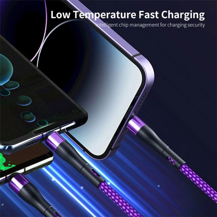 ENKAY 1.3m USB / Type-C to iP / Type-C / Micro USB 5A Fast Charge Data Cable with LED Indicator, Nylon Braided - Purple
