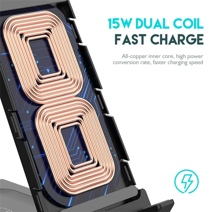 D2 6 in 1 Wireless Charger Dock Station with Type-C Port [Support Wireless and Wired Output] - Black