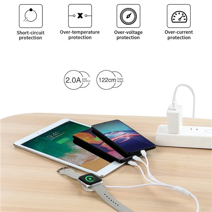 122cm USB to Type-C / 8-pin / Micro / Square Watch Wireless Charger Splitter Cable for Apple Watch / Phone / Tablet - White