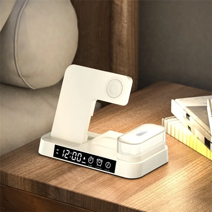 A37 3 in 1 Phone Watch Earphone 15W Wireless Charger Folding Alarm Clock RGB LED Night Light - White
