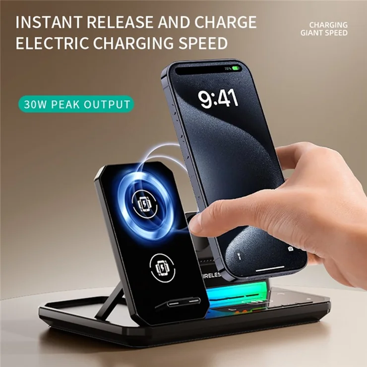C18 6-in-1 Wireless Charger Digital Charging Station with Bluetooth-compatible Speaker RGB Light - Orange