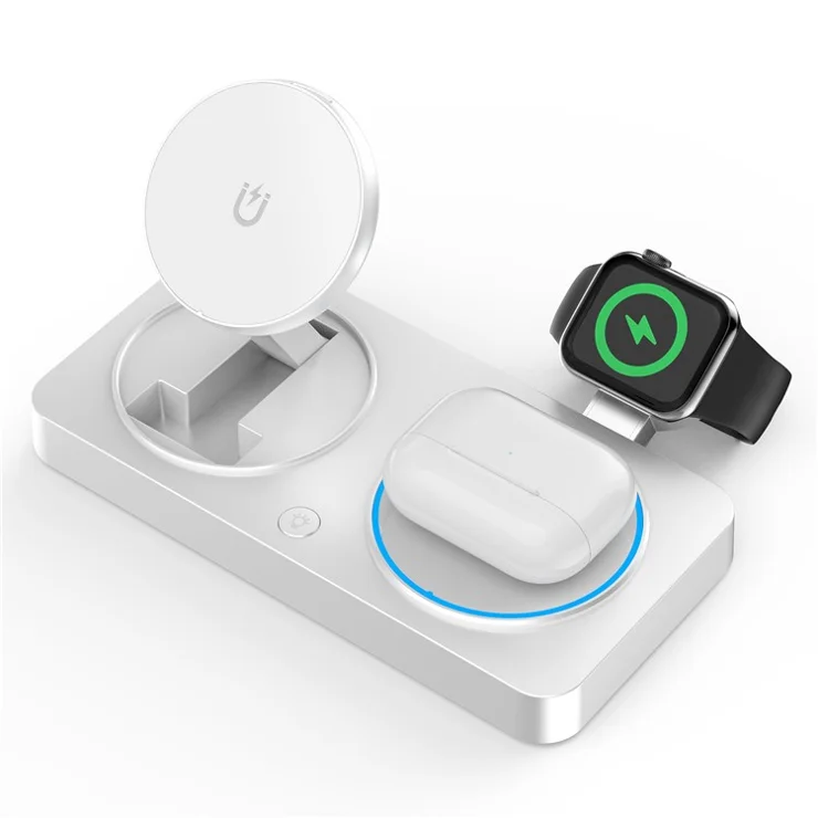 Y388 3-in-1 Foldable Charging Stand Phone Watch Earphone Magnetic Wireless Charger Night Light - White