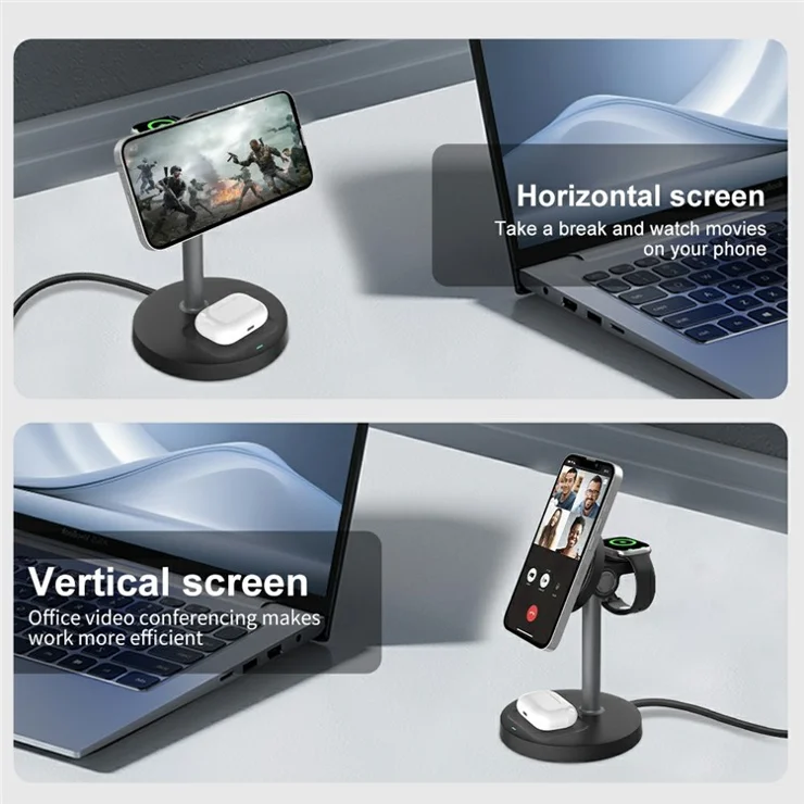 S11 3-in-1 Magnetic Wireless Charger Phone Watch Earphone Charging Stand - Black