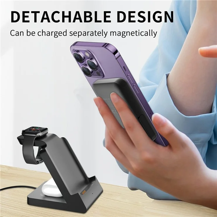 X559 Multi-Function 3-in-1 Detachable Wireless Charging Station 5000mAh Power Bank - Black